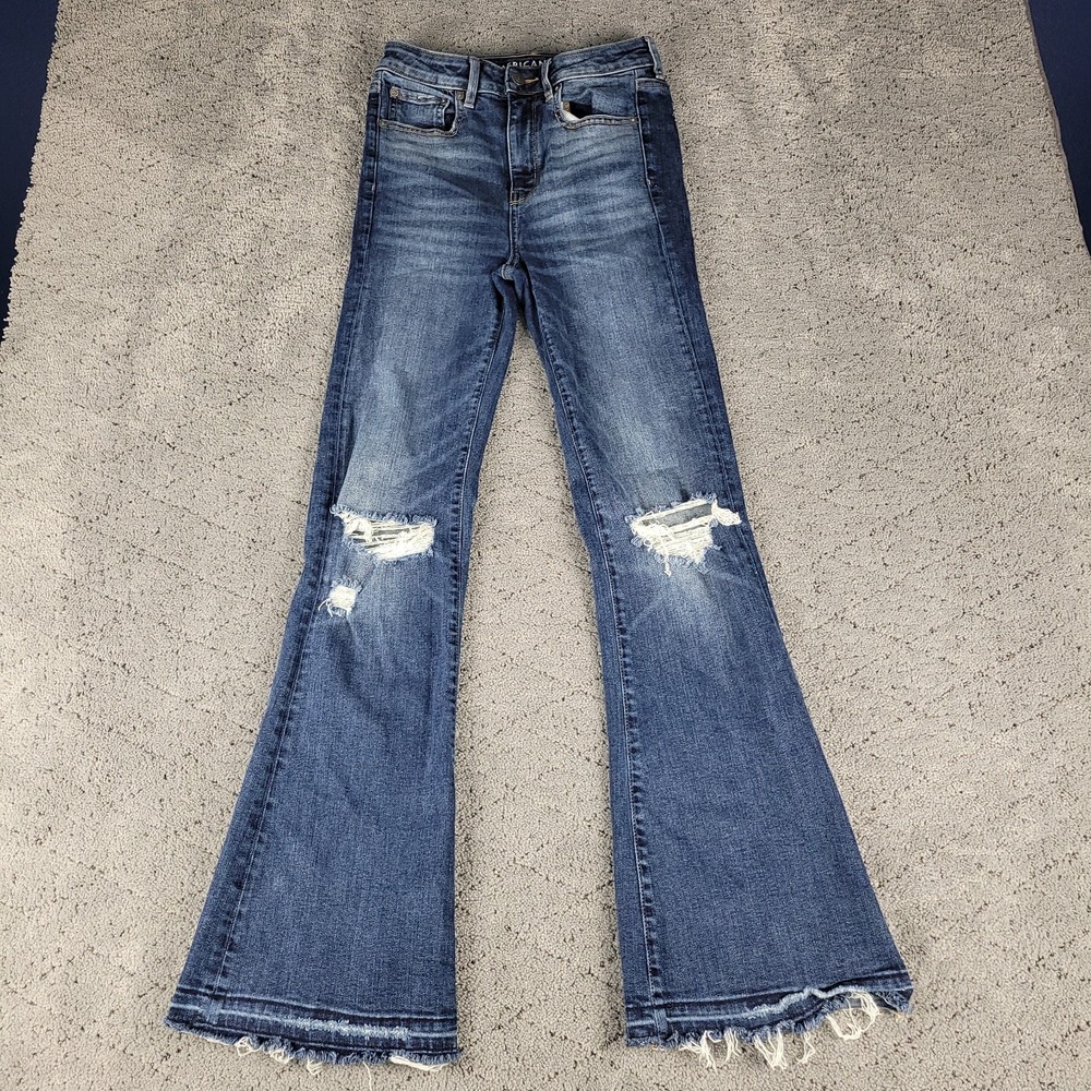 American Eagle Jeans Womens 2 Blue Highest Rise Flare Whisker Honeycomb Stretch